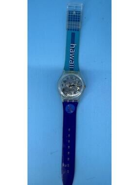 VTG 1994 Swatch Watch “Hawaii” Blue Surf Strap Clear Skeleton Dial New Battery
